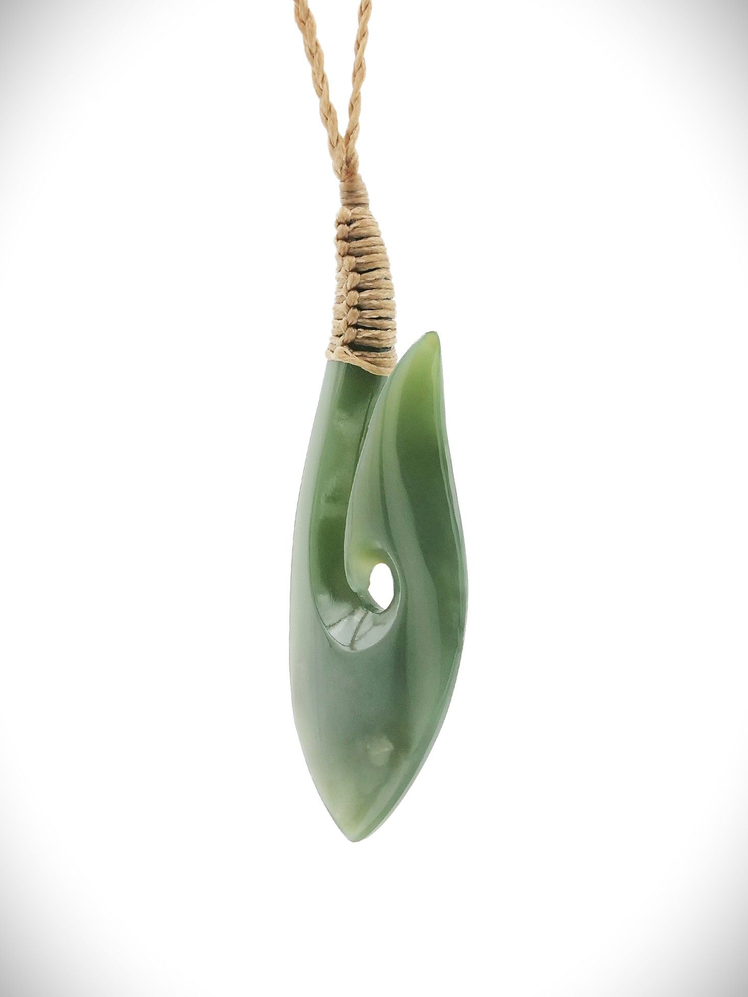 Moko Pounamu Hei Matau (Hook) NZ Genuine Inanga Greenstone - Motukawaiti