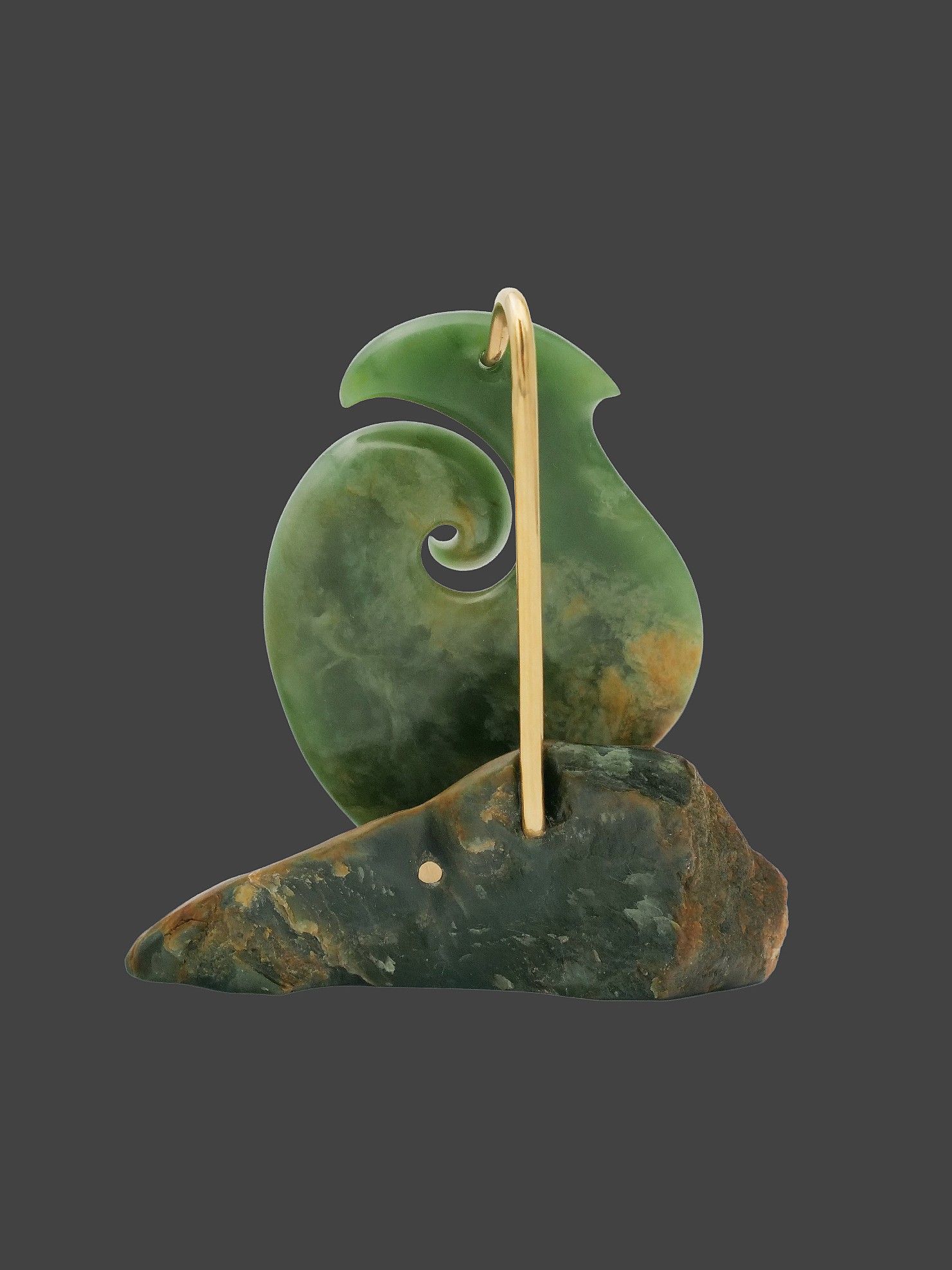 Moko Pounamu Hei Matau (Fishhook) Sculpture NZ Genuine Kahurangi Flower Greenstone - Whatupukeiti