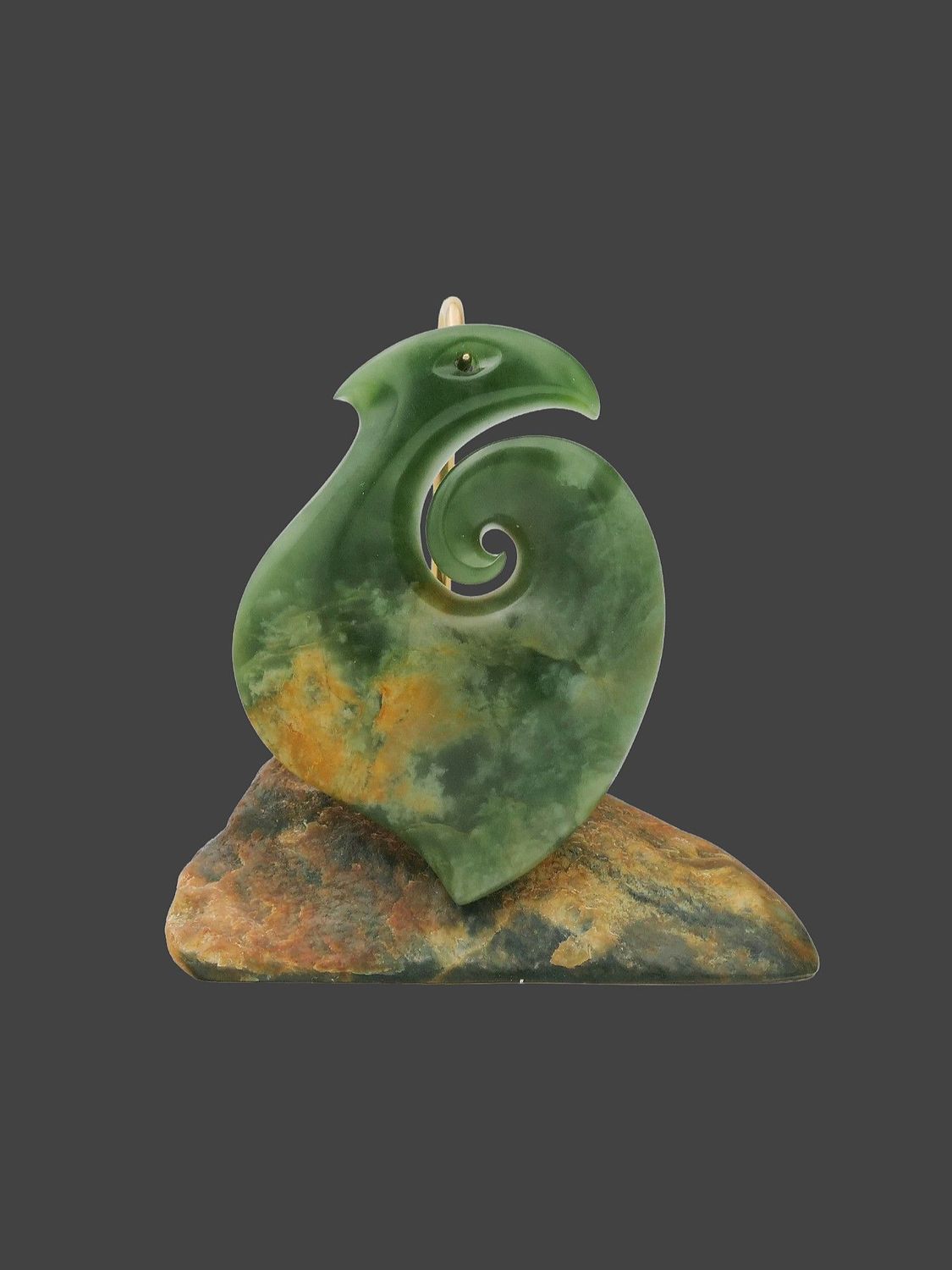 Moko Pounamu Hei Matau (Fishhook) Sculpture NZ Genuine Kahurangi Flower Greenstone - Whatupukeiti Moko Pounamu Hei Matau (Fishhook) Sculpture NZ Genuine Kahurangi Flower Greenstone - Whatupukeiti