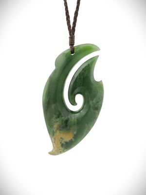 Moko Pounamu Hei Matau (Hook) NZ Genuine Kahurangi Flower Greenstone - Mahinepua