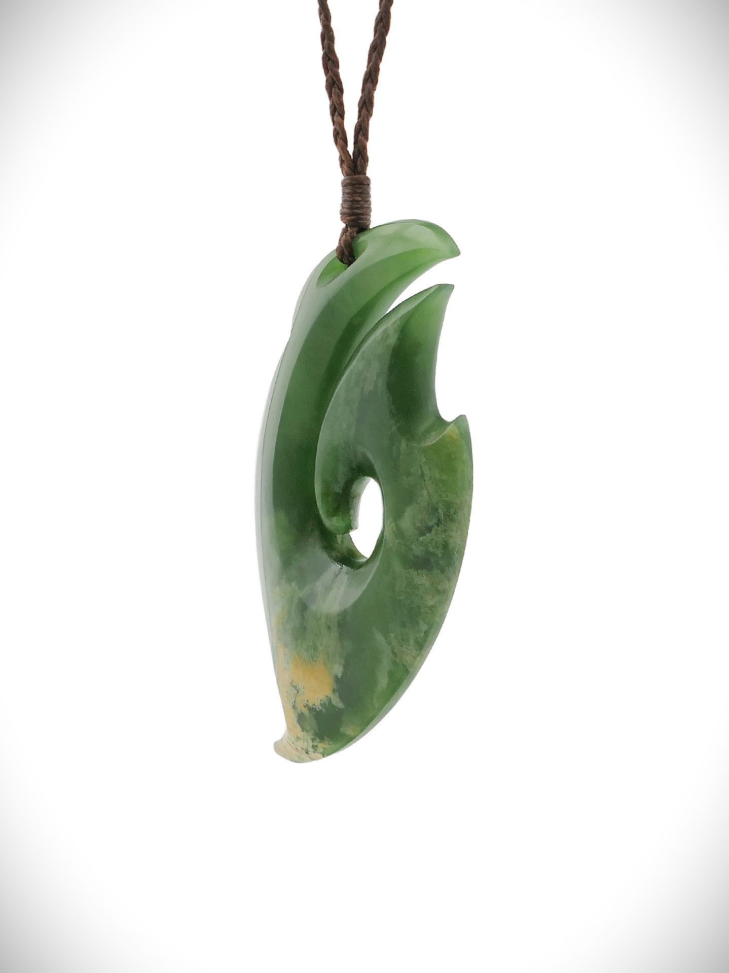 Moko Pounamu Hei Matau (Hook) NZ Genuine Kahurangi Flower Greenstone - Mahinepua