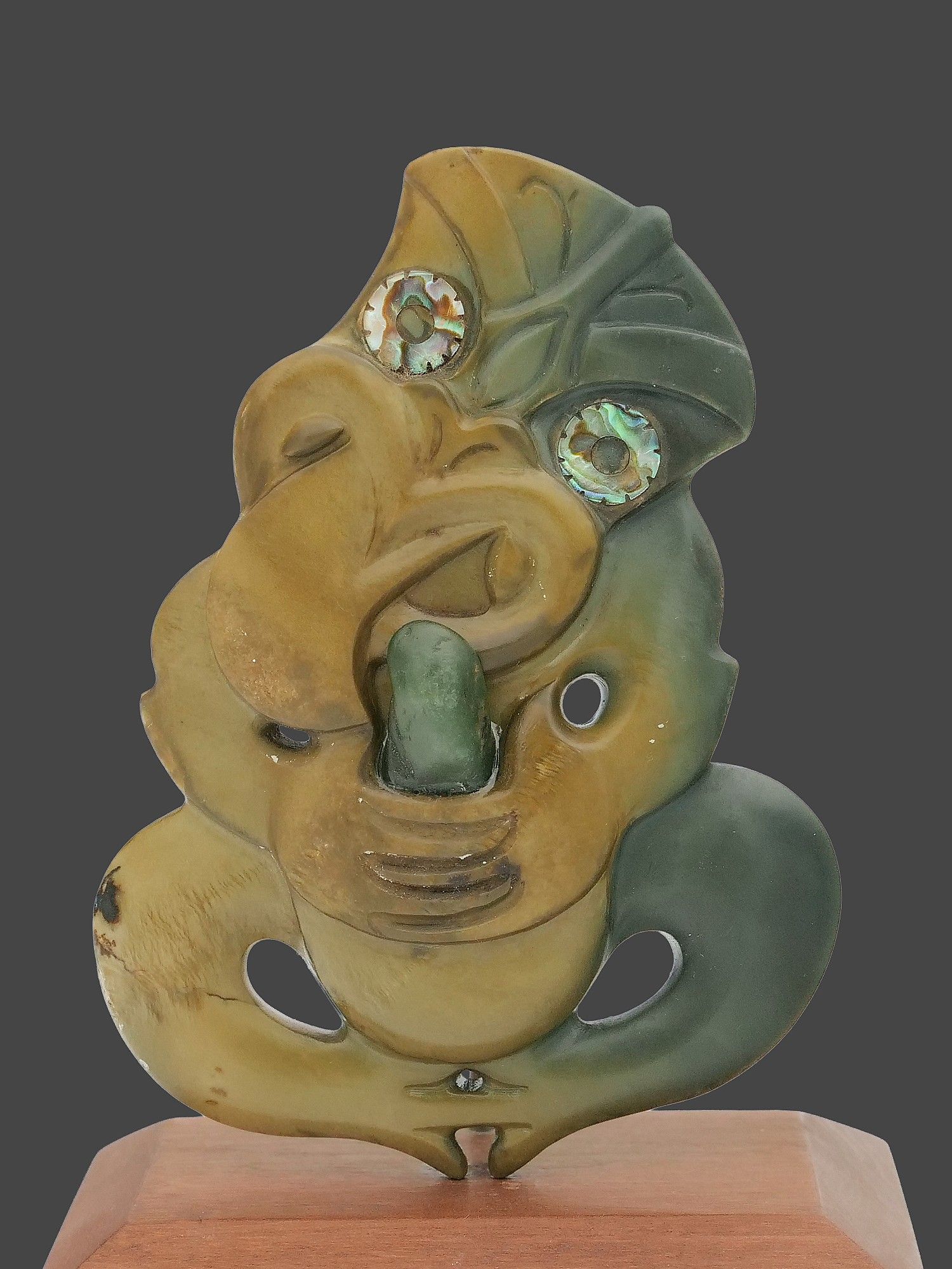 Moko Pounamu Tiki NZ Genuine Inanga Flower Greenstone - Kanuka