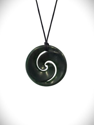 Moko Pounamu Double Koru NZ Genuine Kawakawa Greenstone  - Ahipara
