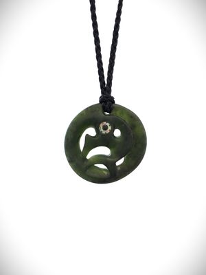 Moko Pounamu Porohita (Disc) Manaia with Paua Eyes NZ Genuine Kawakawa Greenstone - Marokopa