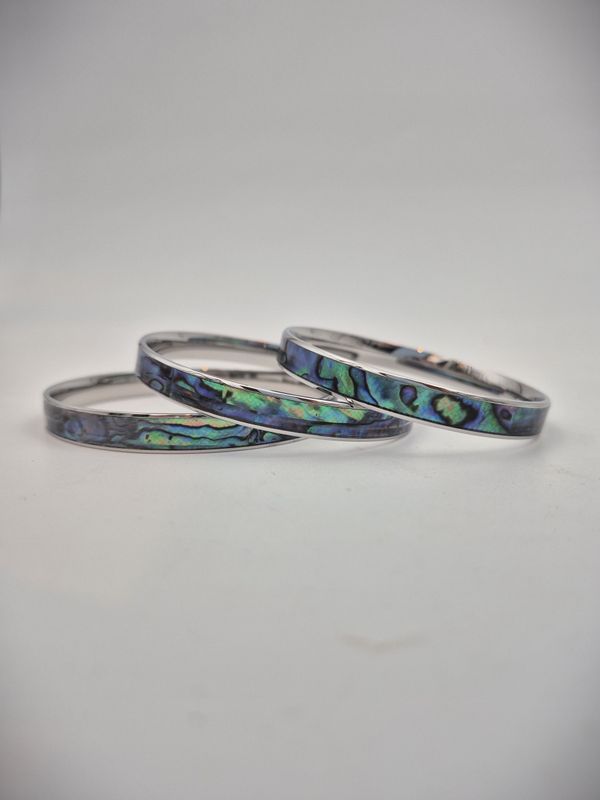 Moko Pounamu Stainless Steel and Paua Bangle 8mm