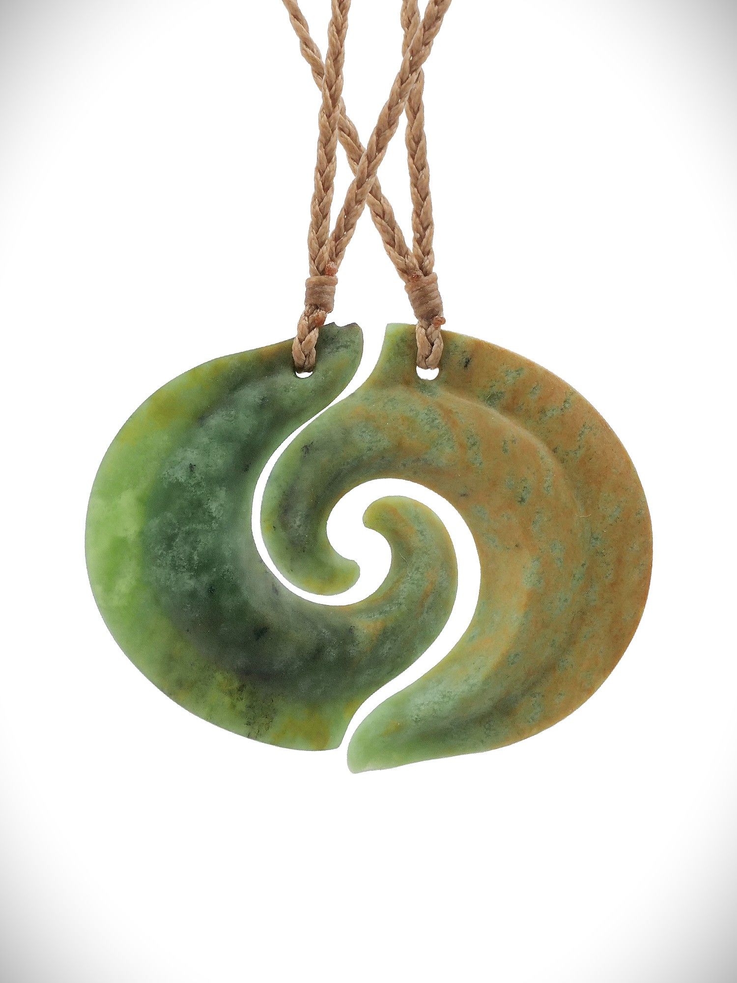 Moko Pounamu Contemporary Mirror Twin Hei Matau/Koru's NZ Genuine Raukaraka Greenstone - Otahuti