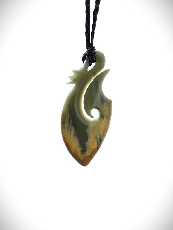 Moko Pounamu Hei Matau (Hook) Genuine NZ Inanga Flower Greenstone - Pito Moko Pounamu Hei Matau (Hook) Genuine NZ Inanga Flower Greenstone - Pito