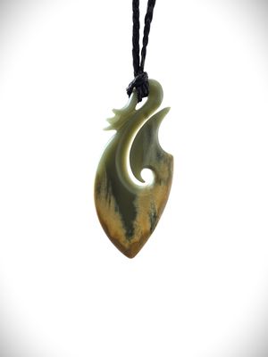 Moko Pounamu Hei Matau (Hook) Genuine NZ Inanga Flower Greenstone - Pito Moko Pounamu Hei Matau (Hook) Genuine NZ Inanga Flower Greenstone - Pito