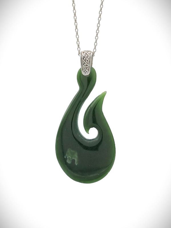 Moko Pounamu Hei Matau Genuine NZ Kawakawa Greenstone & Sterling Silver - Motutangi