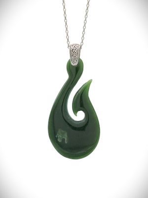 Moko Pounamu Hei Matau Genuine NZ Kawakawa Greenstone & Sterling Silver - Motutangi Moko Pounamu Hei Matau Genuine NZ Kawakawa Greenstone & Sterling Silver - Motutangi