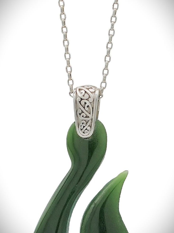 Moko Pounamu Hei Matau Genuine NZ Kawakawa Greenstone & Sterling Silver - Motutangi