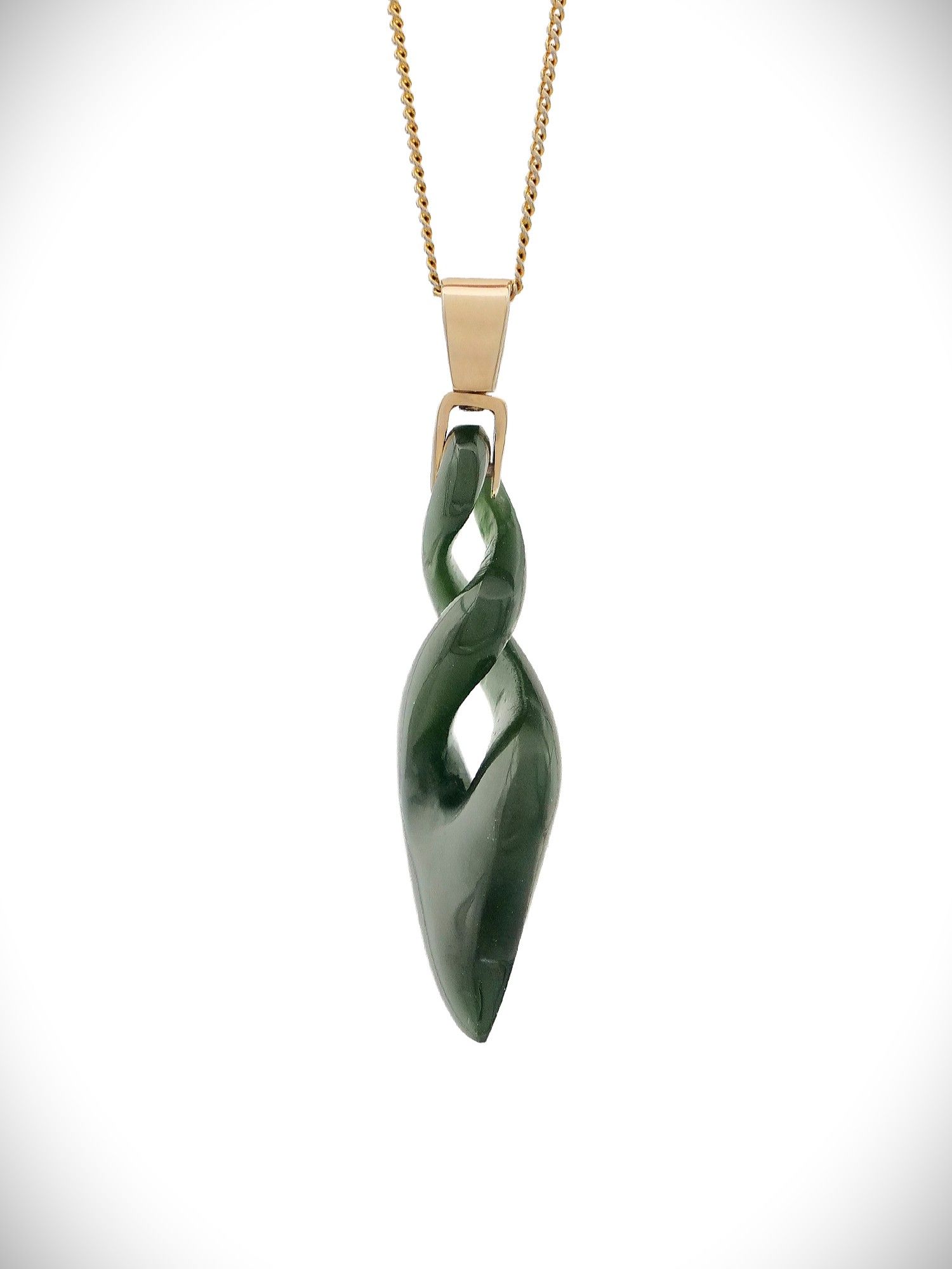 Moko Pounamu Double Pikorua NZ Genuine Kawakawa Greenstone & 9ct Gold Pendant - Mahinapua