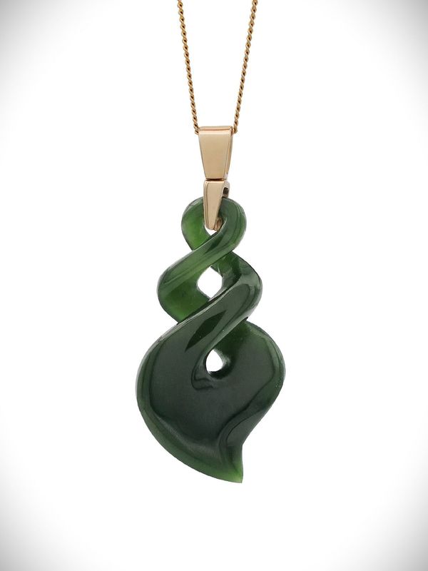 Moko Pounamu Double Pikorua NZ Genuine Kawakawa Greenstone & 9ct Gold Pendant - Mahinapua Moko Pounamu Double Pikorua NZ Genuine Kawakawa Greenstone & 9ct Gold Pendant - Mahinapua