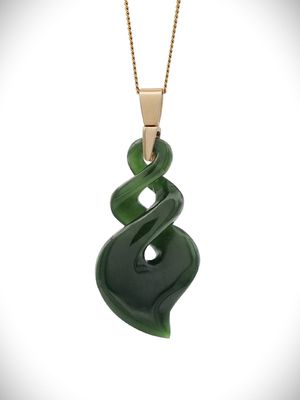 Moko Pounamu Double Pikorua NZ Genuine Kawakawa Greenstone & 9ct Gold Pendant - Mahinapua Moko Pounamu Double Pikorua NZ Genuine Kawakawa Greenstone & 9ct Gold Pendant - Mahinapua