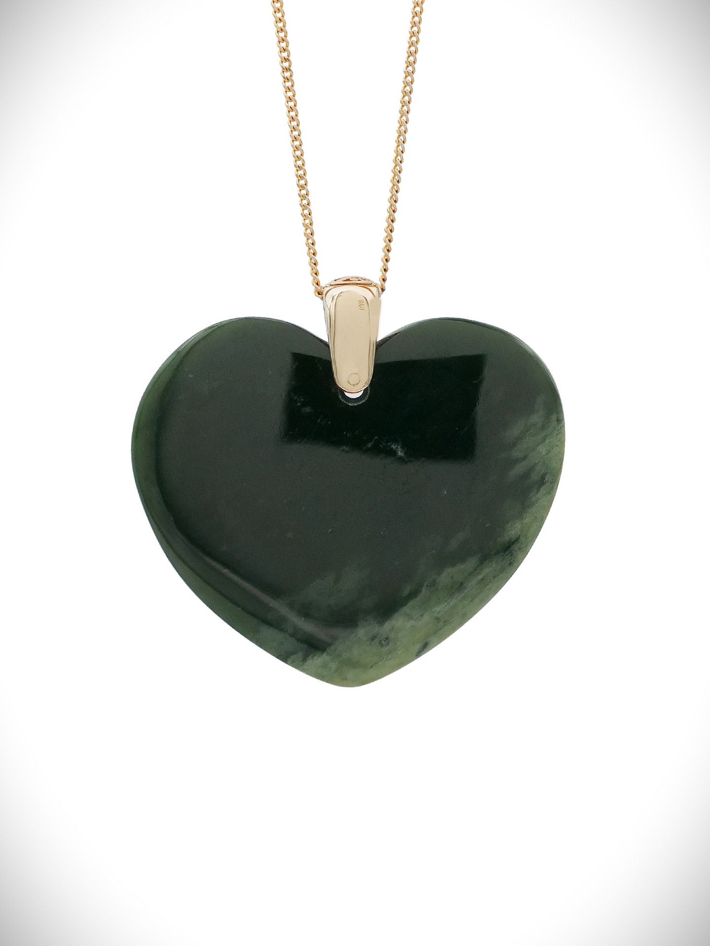 Moko Pounamu Heart NZ Genuine Kawakawa Flower Greenstone & 9ct Gold - Pamapuria