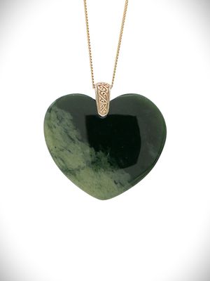 Moko Pounamu Heart NZ Genuine Kawakawa Flower Greenstone & 9ct Gold - Pamapuria