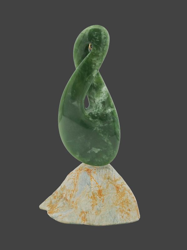 Moko Pounamu Pikorua (Twist) Sculpture NZ Genuine Kahotea & Marsden Flower Greenstone - Pukekura Moko Pounamu Pikorua (Twist) Sculpture NZ Genuine Kahotea & Marsden Flower Greenstone - Pukekura