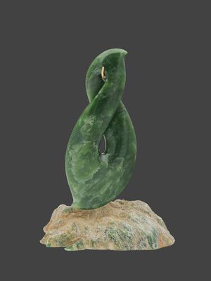 Moko Pounamu Pikorua (Twist) Sculpture NZ Genuine Kahotea & Inanga Flower Greenstone - Takahue Moko Pounamu Pikorua (Twist) Sculpture NZ Genuine Kahotea & Inanga Flower Greenstone - Takahue