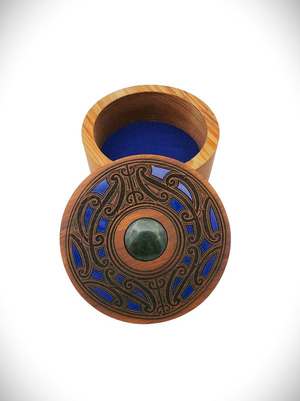 Moko Pounamu Wakahuia Blue (Treasure box) Genuine NZ Kawakawa Greenstone & Rimu - Harihari