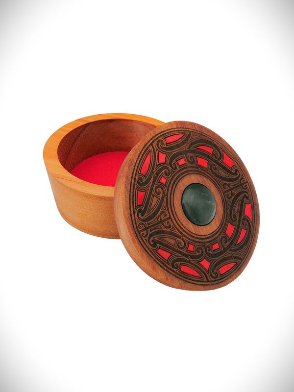 Moko Pounamu Wakahuia Red (Treasure box) Genuine NZ Kawakawa Greenstone & Rimu - Turiwhate