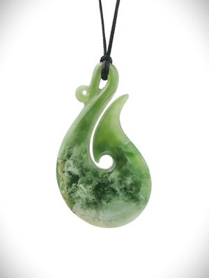 Moko Pounamu Hei Matau (Hook) NZ Genuine Kahurangi Flower Greenstone - Aranga