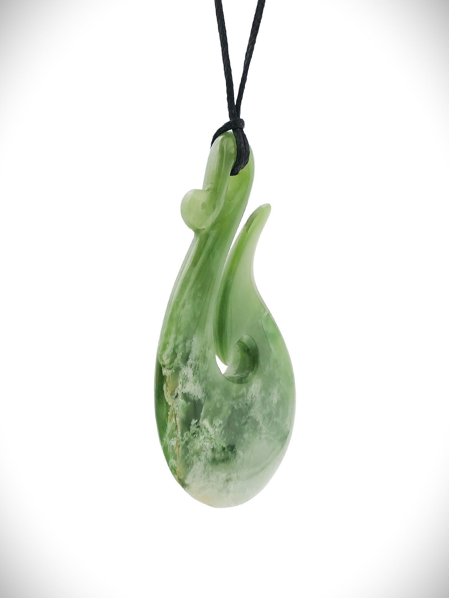 Moko Pounamu Hei Matau (Hook) NZ Genuine Kahurangi Flower Greenstone - Aranga