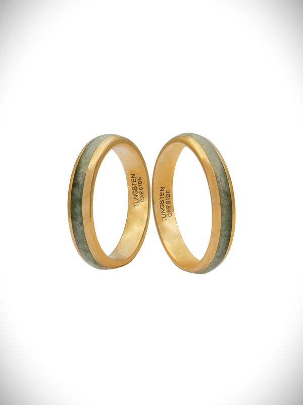 Moko Pounamu Couples Ring Set, Gold Plated Tungsten Carbide & Genuine NZ Kawakawa Greenstone Band Rings GTBR-CP 4mm + 4mm