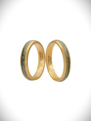 Moko Pounamu Couples Ring Set, Gold Plated Tungsten Carbide & Genuine NZ Kawakawa Greenstone Band Rings GTBR-CP 4mm + 4mm
