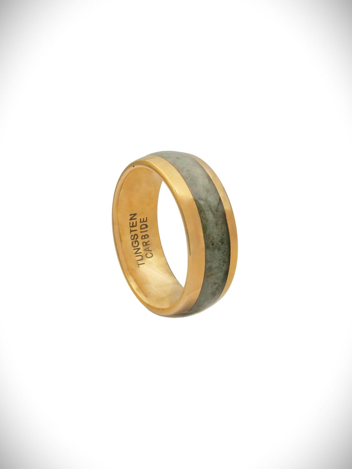 Moko Pounamu Gold Plated Tungsten Carbide & Genuine NZ Kawakawa Greenstone Band Ring 8mm GTBR8 Moko Pounamu Gold Plated Tungsten Carbide & Genuine NZ Kawakawa Greenstone Band Ring 8mm GTBR8