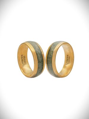 Moko Pounamu Couples Ring Set Gold Plated Tungsten Carbide & Genuine NZ Kawakawa Greenstone Band Rings GTBR-CP 8mm +8mm Moko Pounamu Couples Ring Set Gold Plated Tungsten Carbide & Genuine NZ Kawakawa Greenstone Band Rings GTBR-CP 8mm +8mm