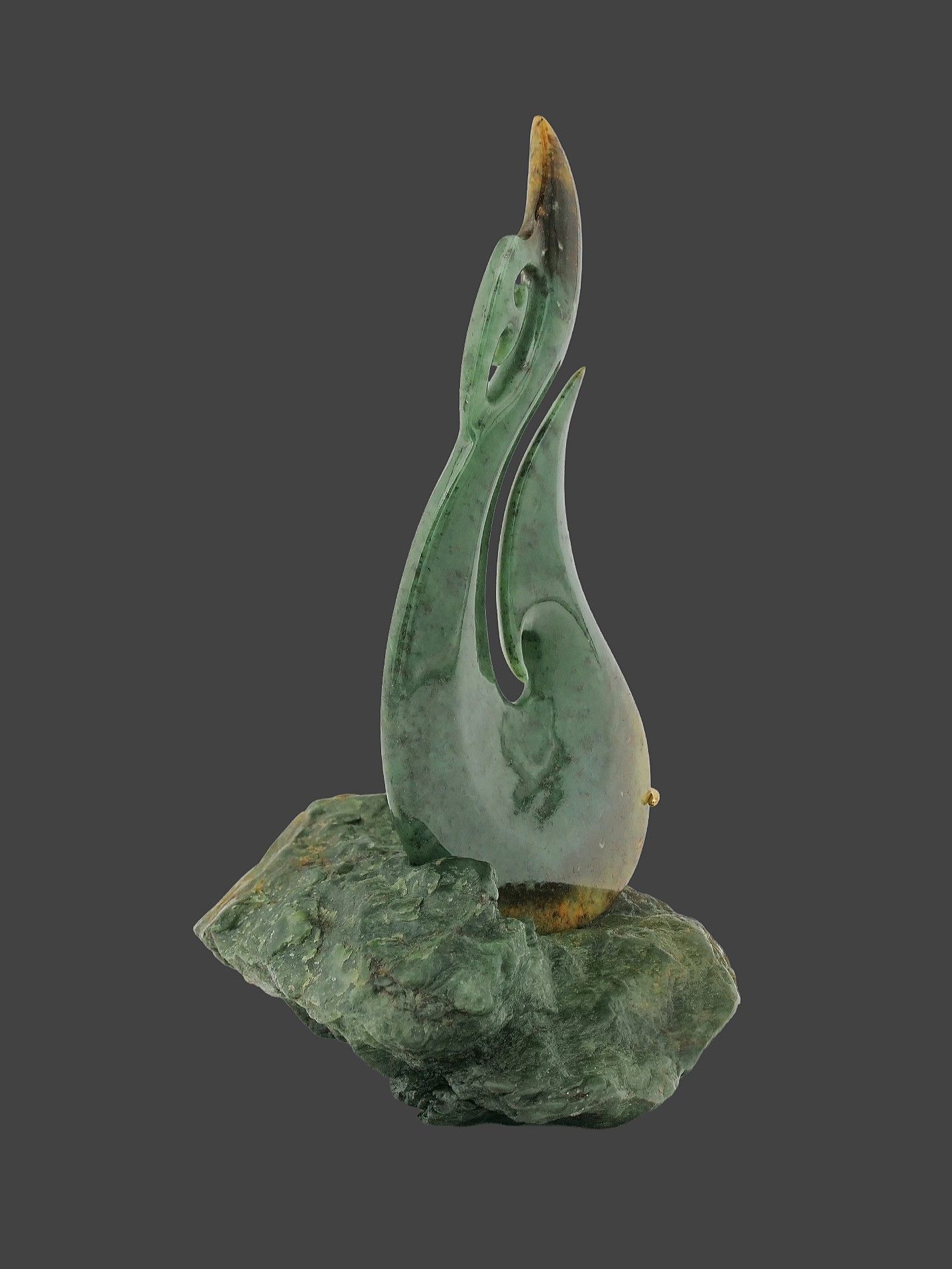 Moko Pounamu Matau (Hook) NZ Genuine Kawakawa Flower Greenstone - Reweti