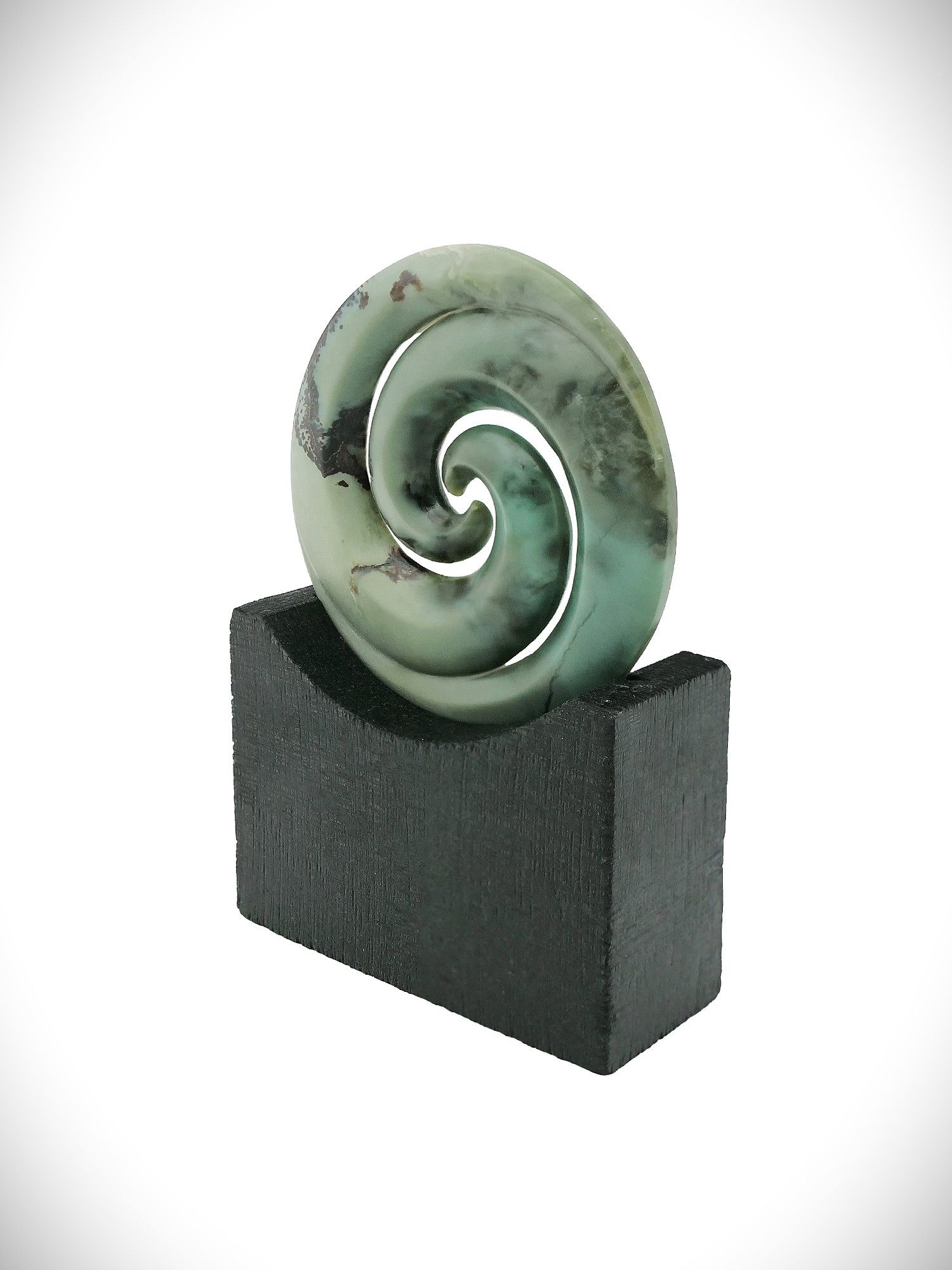 Moko Pounamu Double Koru Sculpture NZ Genuine Inanga Greenstone - Nihotupu