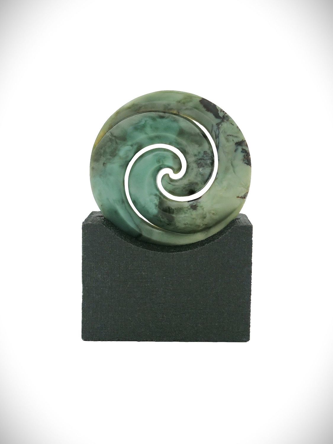 Moko Pounamu Double Koru Sculpture NZ Genuine Inanga Greenstone - Nihotupu