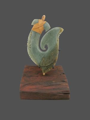Moko Pounamu Hei Matau (Fishhook) Sculpture NZ Genuine Inanga Greenstone - Tumunui