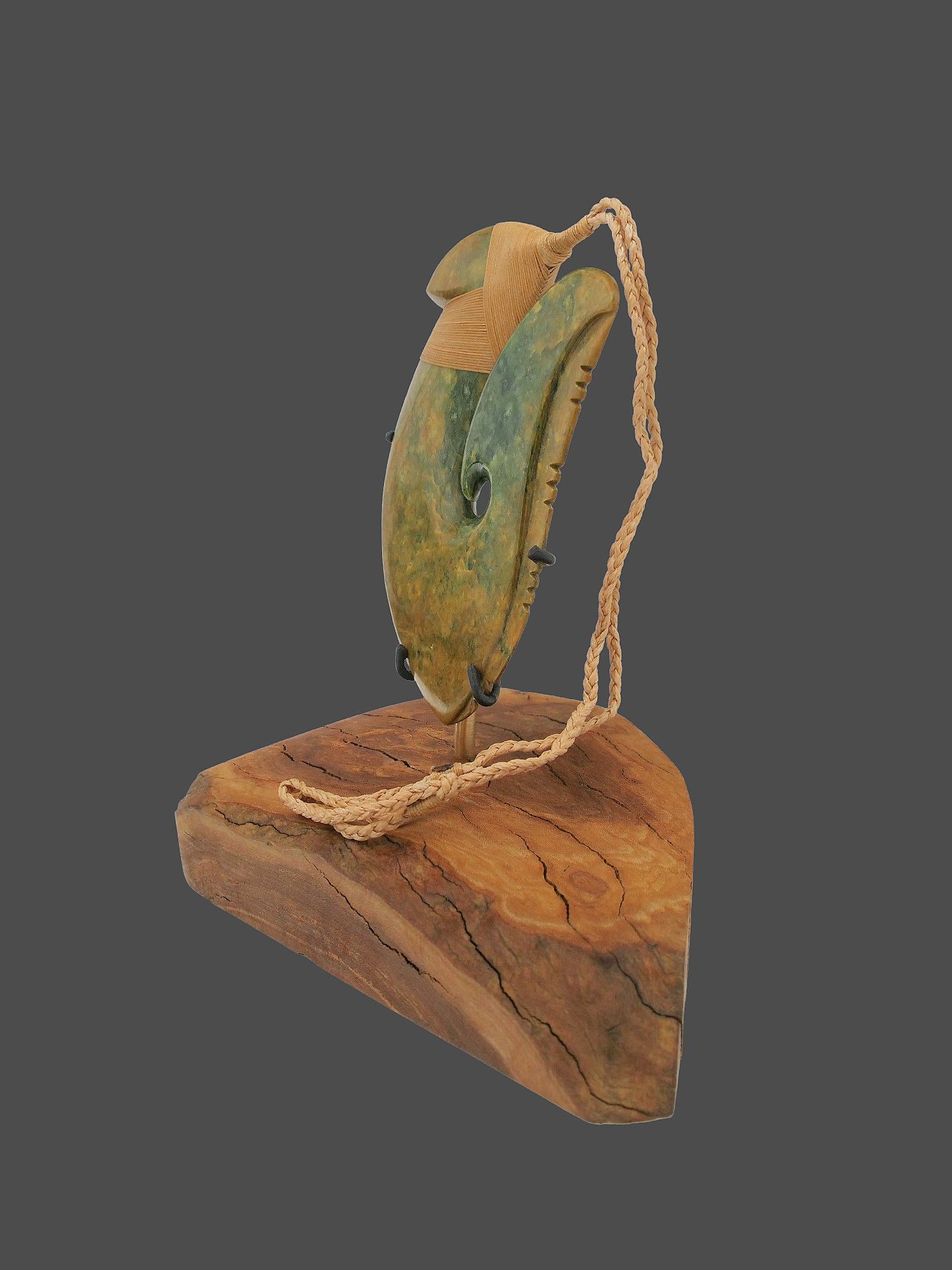 Moko Pounamu Hei Matau (Fishhook) Sculpture NZ Genuine Raukaraka Greenstone - Karekare