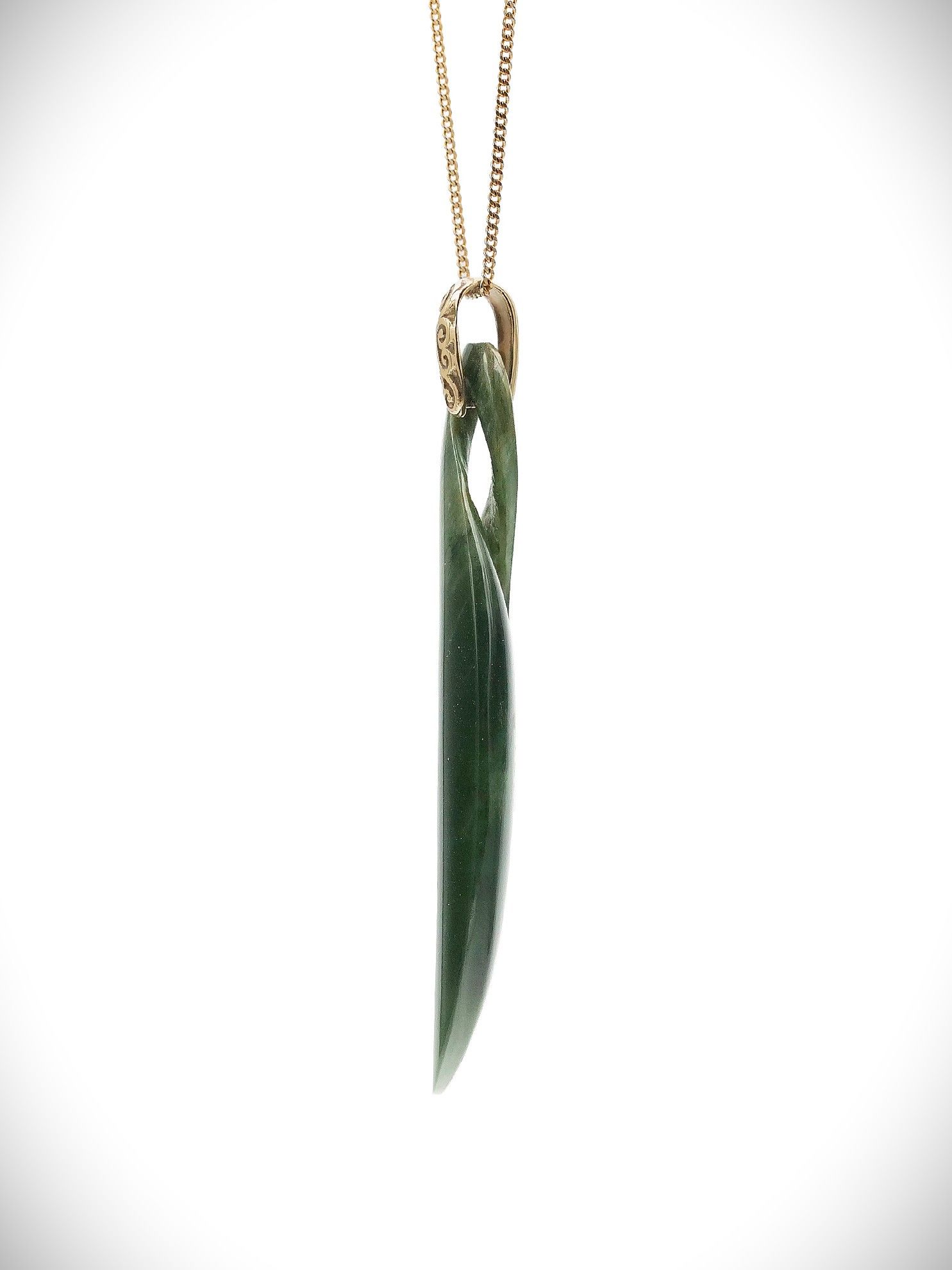 Moko Pounamu Gilt Single Pikorua (Twist) NZ Genuine Marsden Flower Pounamu & 9ct Gold - Karakariki