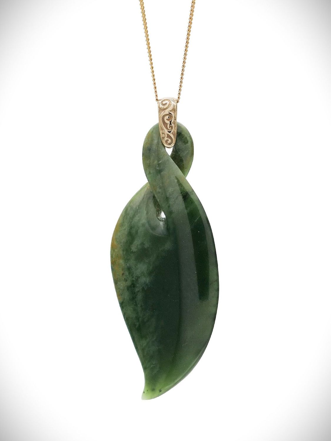 Moko Pounamu Gilt Single Pikorua (Twist) NZ Genuine Marsden Flower Pounamu & 9ct Gold - Karakariki Moko Pounamu Gilt Single Pikorua (Twist) NZ Genuine Marsden Flower Pounamu & 9ct Gold - Karakariki