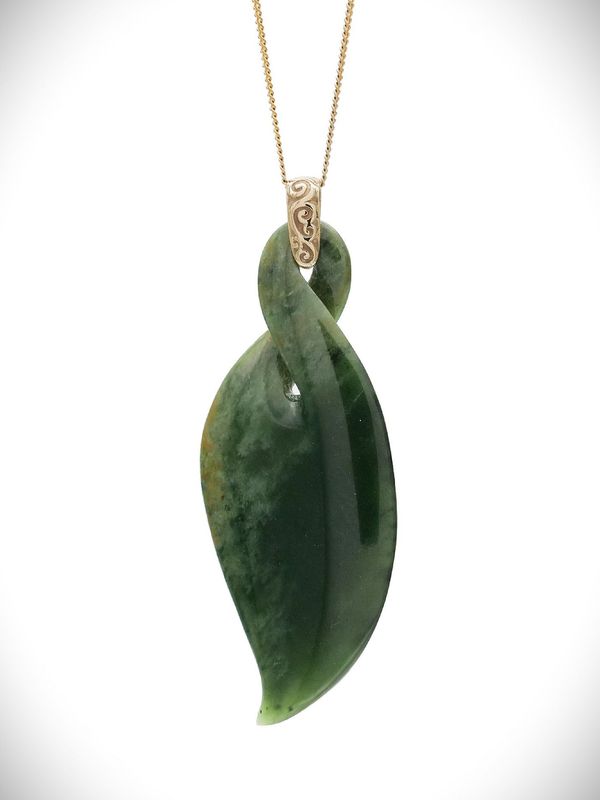 Moko Pounamu Gilt Single Pikorua (Twist) NZ Genuine Marsden Flower Pounamu & 9ct Gold - Karakariki Moko Pounamu Gilt Single Pikorua (Twist) NZ Genuine Marsden Flower Pounamu & 9ct Gold - Karakariki
