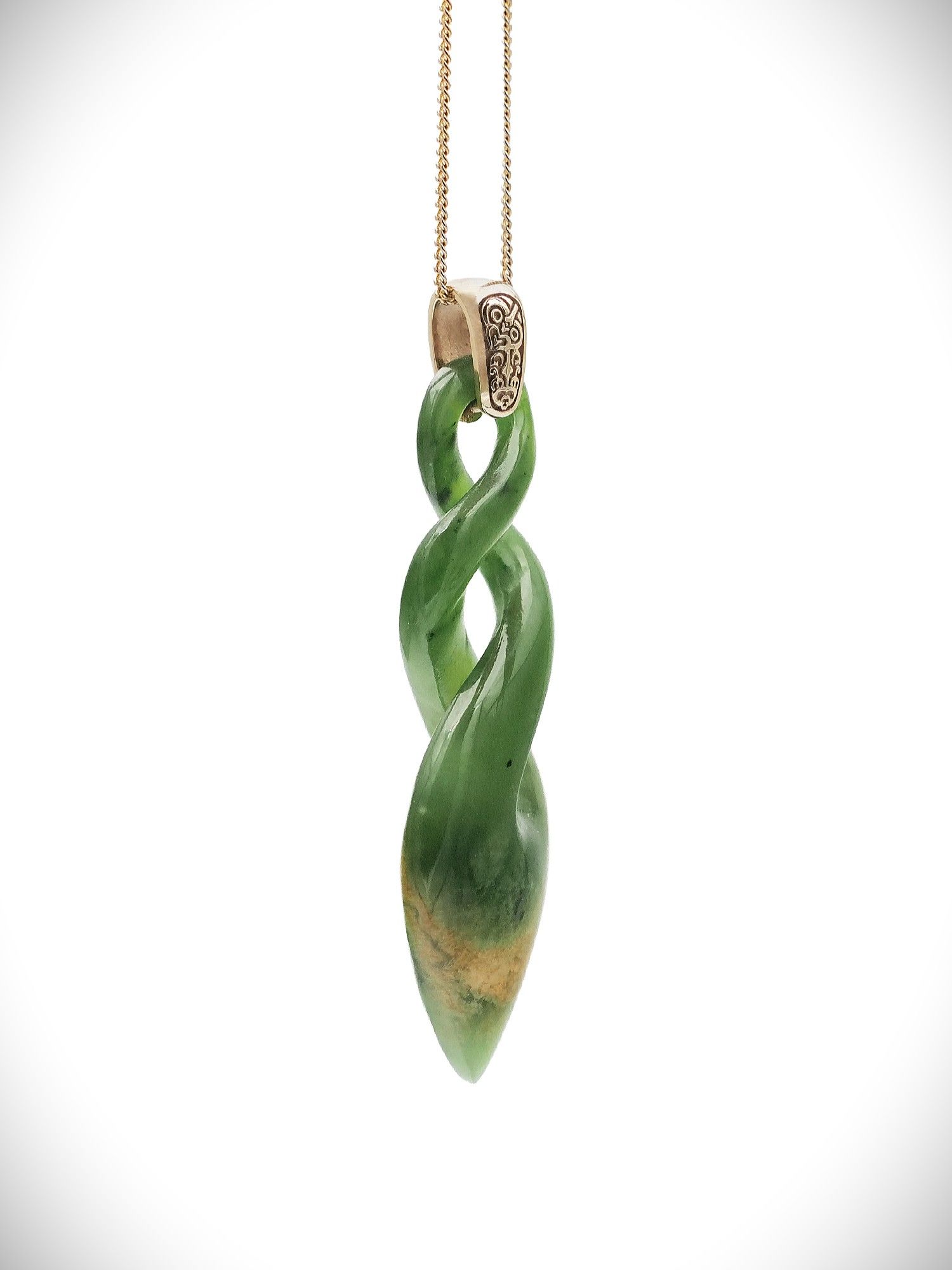 Moko Pounamu Double Pikorua (Twist) Genuine NZ Kahurangi Flower Greenstone & 9ct Gold - Mangaohae