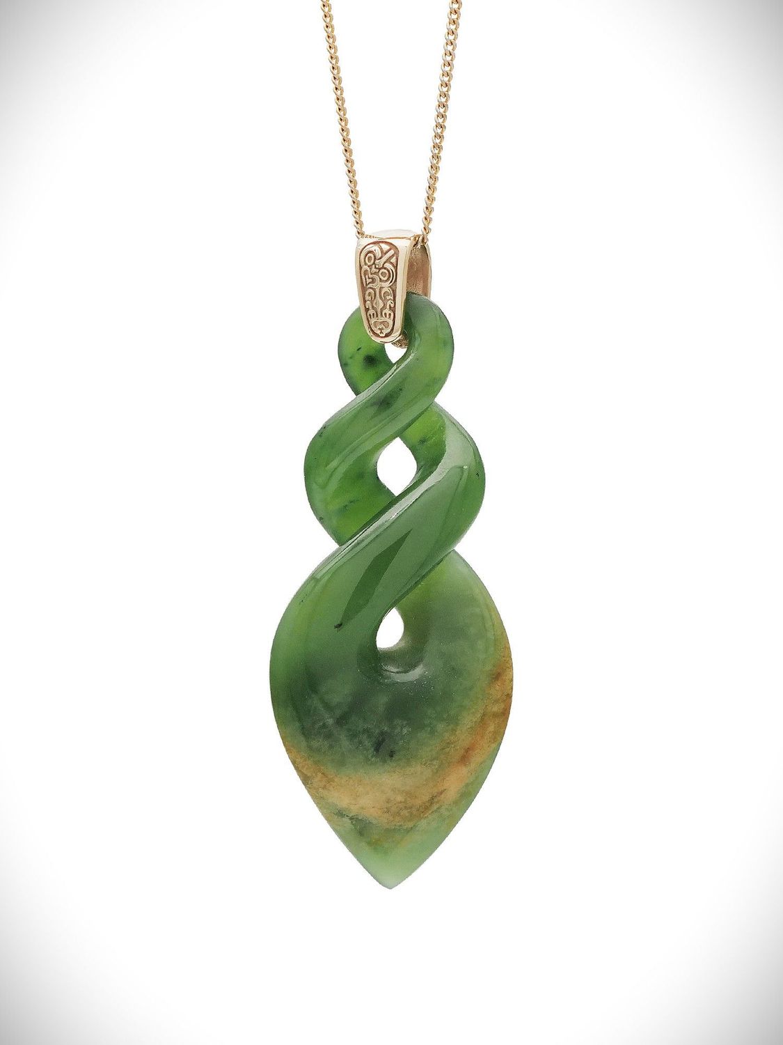 Moko Pounamu Double Pikorua (Twist) Genuine NZ Kahurangi Flower Greenstone & 9ct Gold - Mangaohae Moko Pounamu Double Pikorua (Twist) Genuine NZ Kahurangi Flower Greenstone & 9ct Gold - Mangaohae