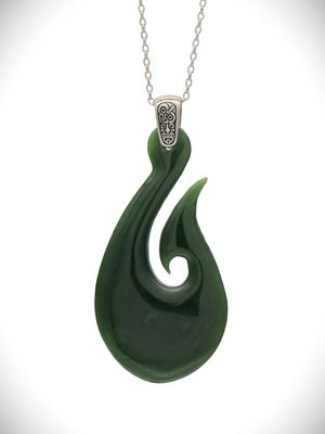 Moko Pounamu Hei Matau Genuine NZ Kawakawa Greenstone & Sterling Silver -  Keteketerau