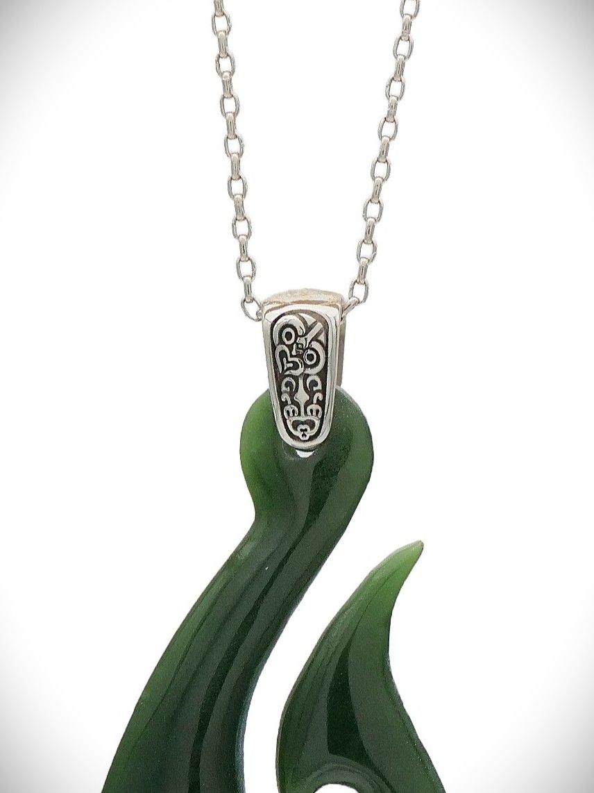 Moko Pounamu Hei Matau Genuine NZ Kawakawa Greenstone & Sterling Silver - Keteketerau