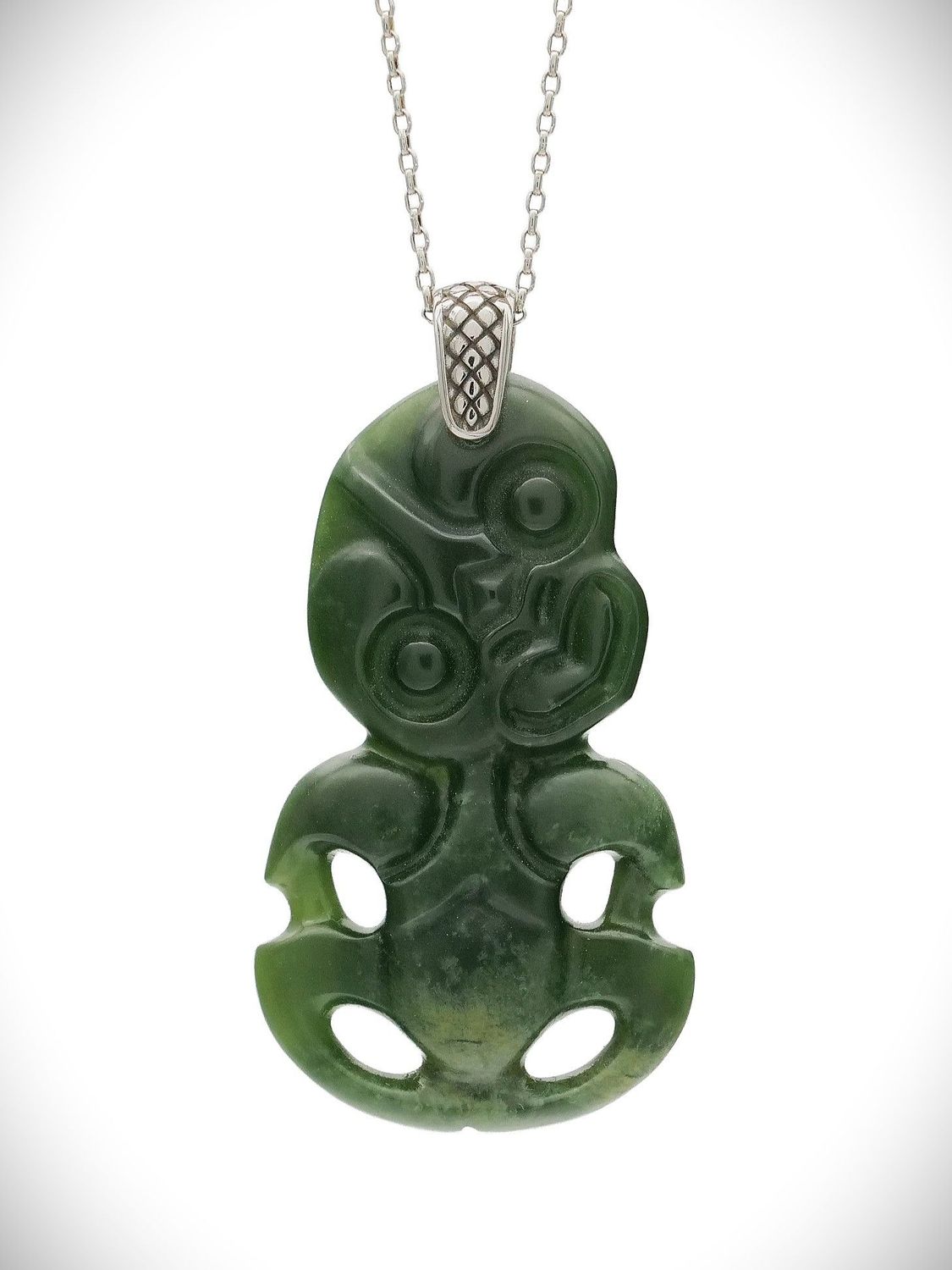 Moko Pounamu Hei Tiki Genuine NZ Kawakawa Greenstone & Sterling Silver - Kaitarakihi