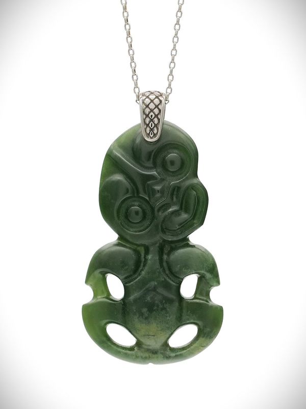 Moko Pounamu Hei Tiki Genuine NZ Kawakawa Greenstone & Sterling Silver - Kaitarakihi