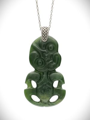 Moko Pounamu Hei Tiki Genuine NZ Kawakawa Greenstone & Sterling Silver - Kaitarakihi
