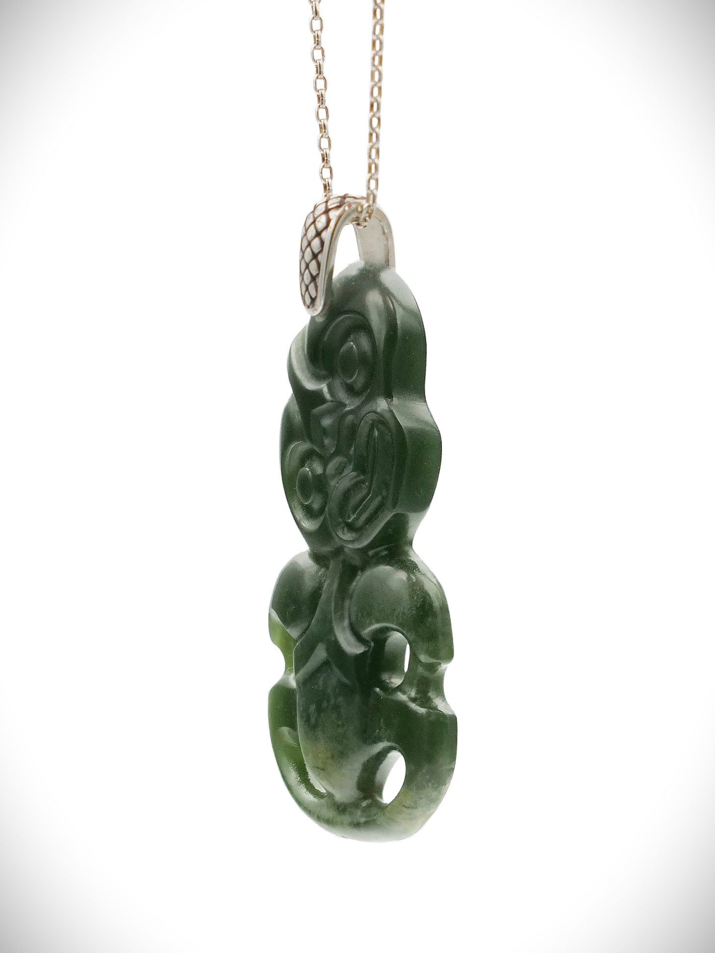 Moko Pounamu Hei Tiki Genuine NZ Kawakawa Greenstone & Sterling Silver - Kaitarakihi