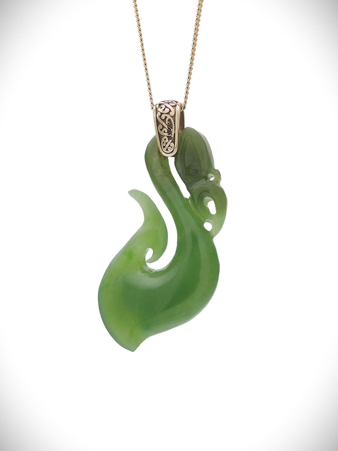 Moko Pounamu Manaia NZ Genuine Kahurangi Greenstone and 9ct Gold Pendant - Waihinau