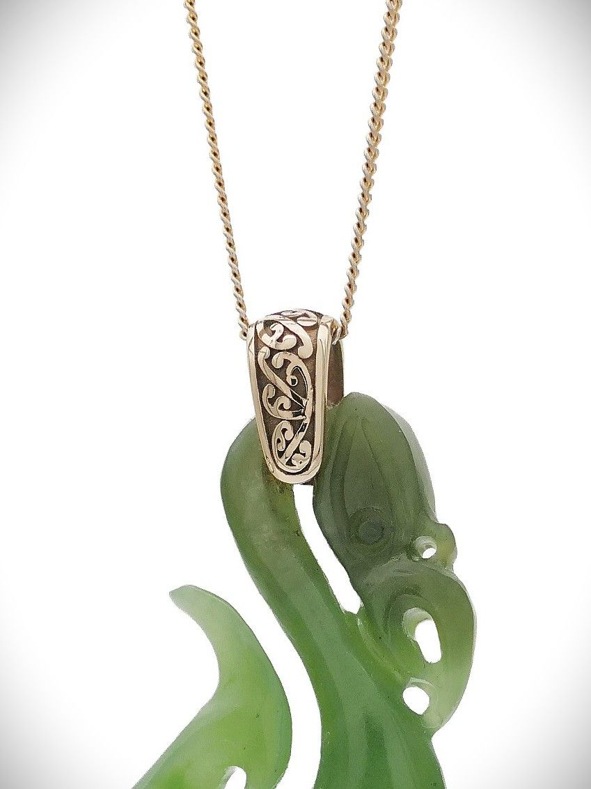 Moko Pounamu Manaia NZ Genuine Kahurangi Greenstone and 9ct Gold Pendant - Waihinau