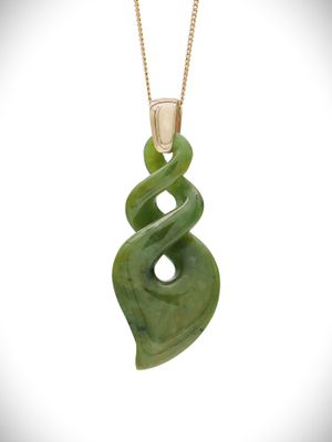 Moko Pounamu Double Pikorua (Twist) Genuine NZ Raukaraka Greenstone & 9ct Gold - Waipipi Moko Pounamu Double Pikorua (Twist) Genuine NZ Raukaraka Greenstone & 9ct Gold - Waipipi