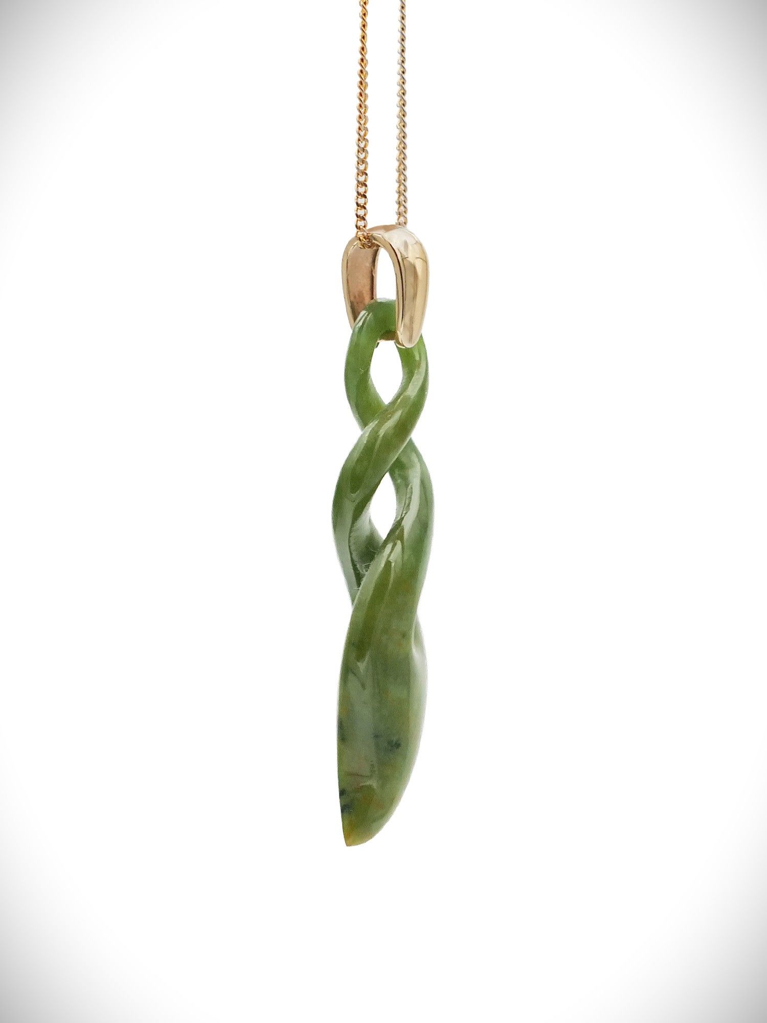 Moko Pounamu Double Pikorua (Twist) Genuine NZ Raukaraka Greenstone & 9ct Gold - Waipipi